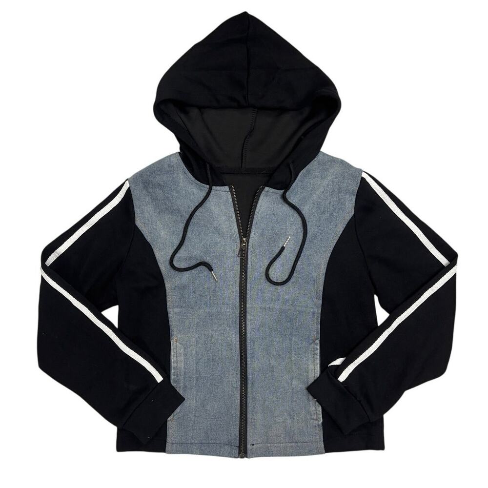 Colorblock Zip Up Hoodie Black Gray Denim Y2K Sporty Streetwear 🤍 Fits S/M ✨